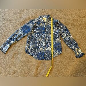 Elie Tahari Semi Sheer Blouse Women's S Blue Print Ruffle Shoulder Top Shirt